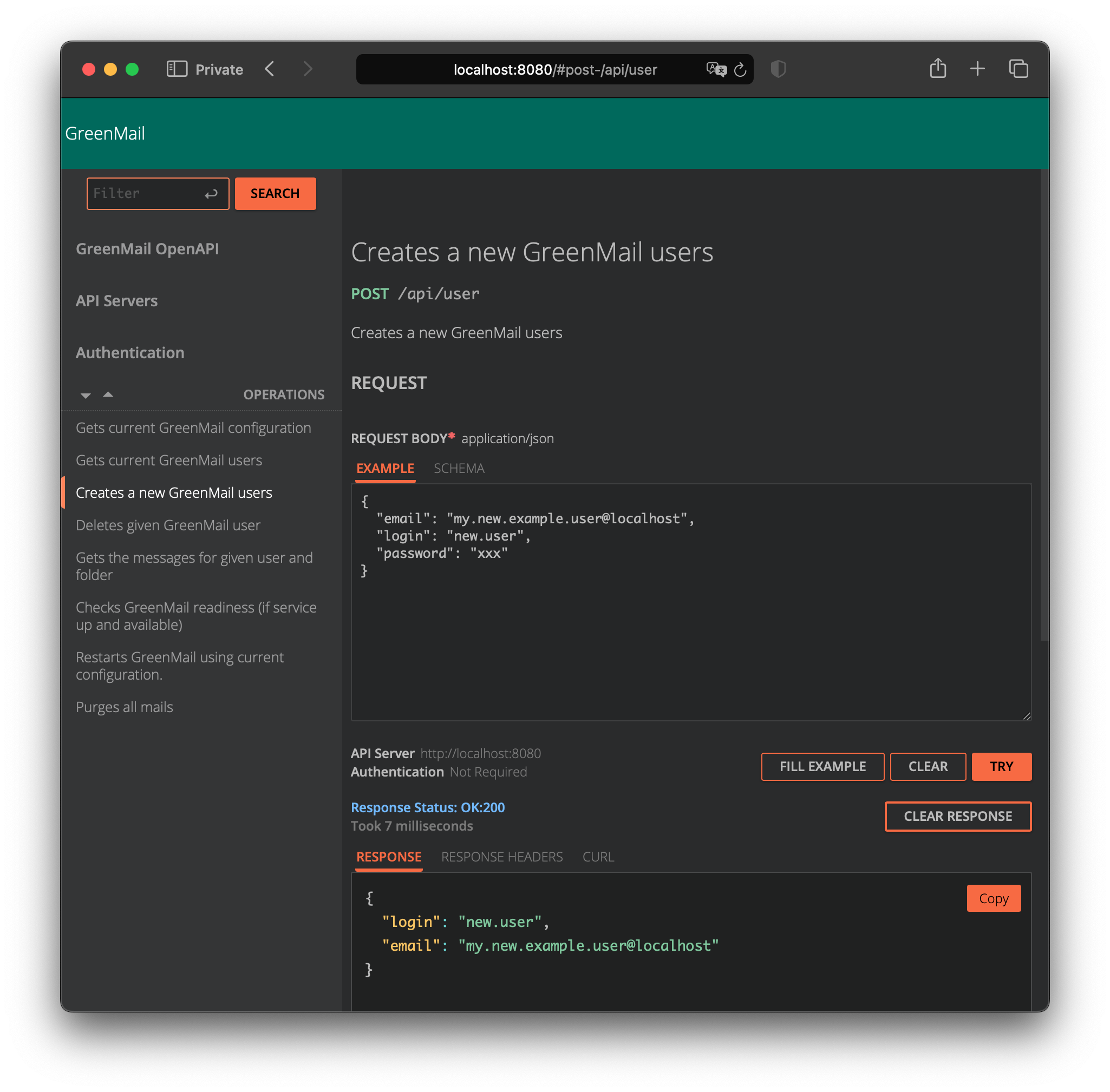 GreenMail OpenAPI UI invoking new user request