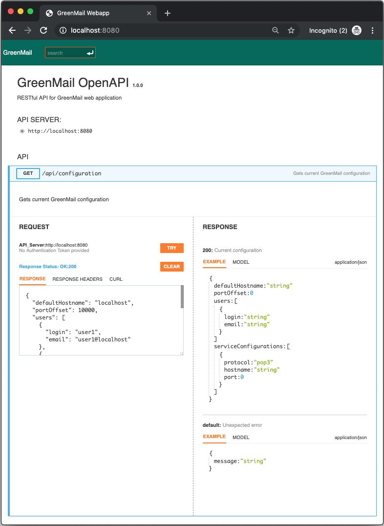 GreenMail webapp showing OpenAPI UI